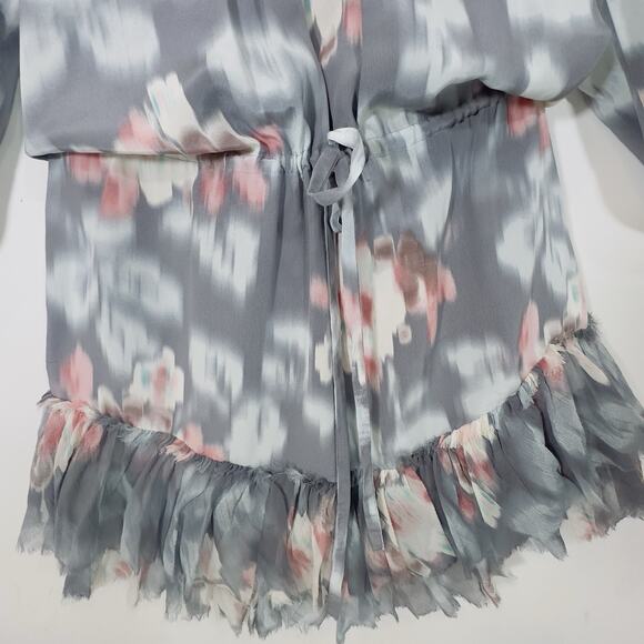 Rebecca Taylor Silk Floral Ruffle Hem Dress Gray Pink Tie Waist Long Sleeve 100% - Picture 5 of 15